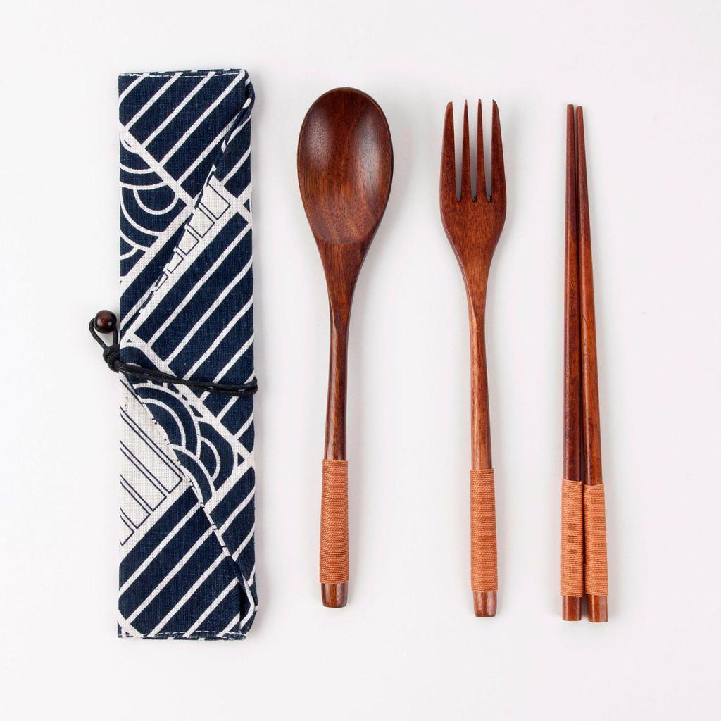 Japanese Wooden Portable Tableware Set: Long-Handled Spoon, Fork, and Chopsticks - Korean Style Three-Piece Set for Outdoor Use.