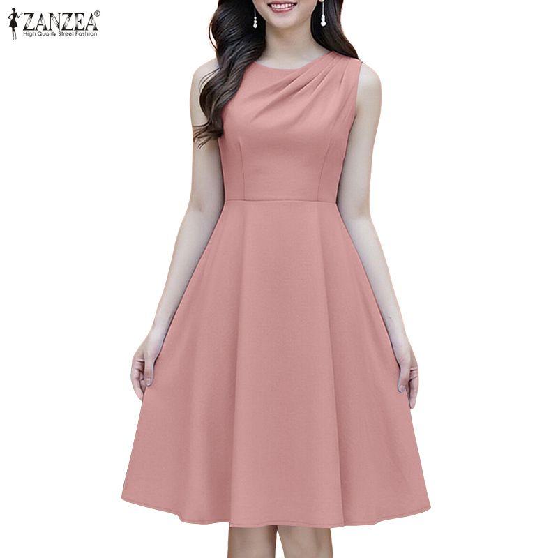 ZANZEA Abito estivo casual senza maniche con scollo rotondo da donna