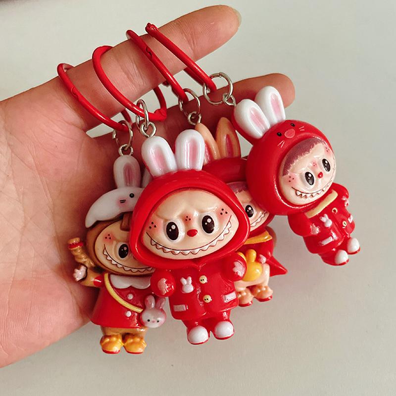 Cute Red Cartoon Large Size Labubu Keychain Kawaii Cartoon Doll Keyring Bag Pendant Lovely Key Accessories For Girl Gifts