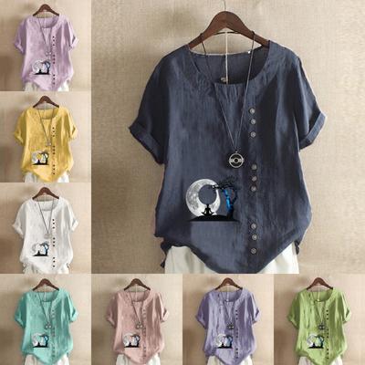 Women's New Fashion Linen Shirt Round Neck Short Sleeve Moon Printed T-shirt Summer Ladies Casual Plus Size Blouse Tops