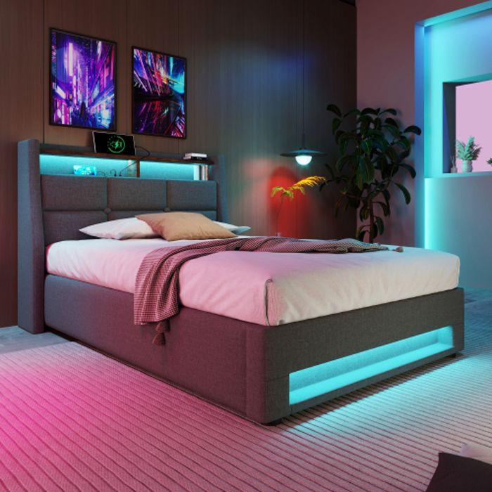 Lit - MUVOE - 90x200cm - Rembourré avec USB - LED multicolore - Vintage moderne