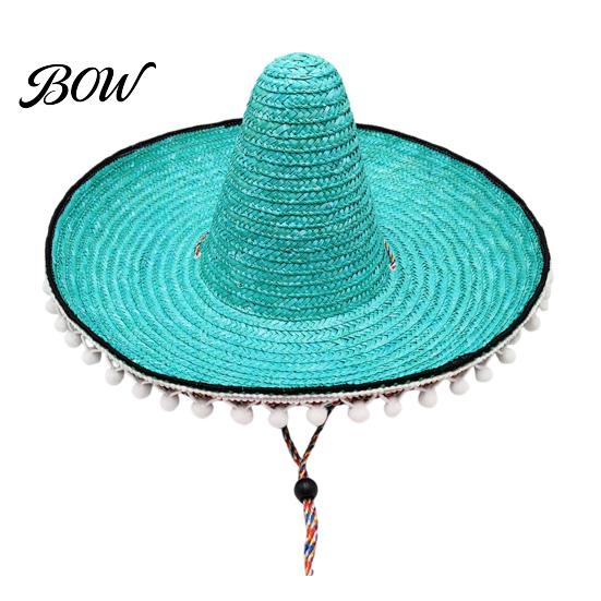 Theme Party Hat Mexican Sombrero with Colorful Poms, Hawaiian Style Woven Straw Sun Hat, Wide Brim Lightweight Costume for Summer Beach