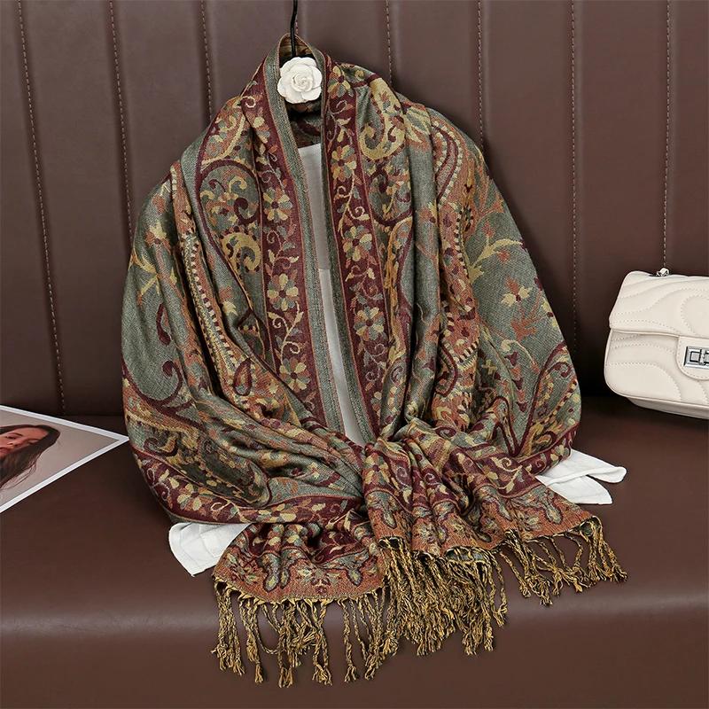 Bohemia Ethnic Style Women Scarf Retro Jacquard Thick Cashmere Tassel Shawl Winter Warm Muslim Hijab Wrap Pashmina