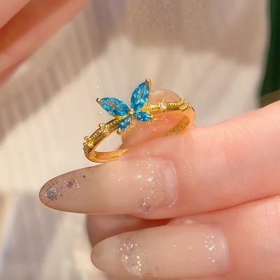 Otwarty pierścionek motylkowy z cyrkoniami, wykwintny temperament, wysokiej klasy pierścionek na palec wskazujący, niszowa lekka luksusowa modna wszechstronna biżuteria