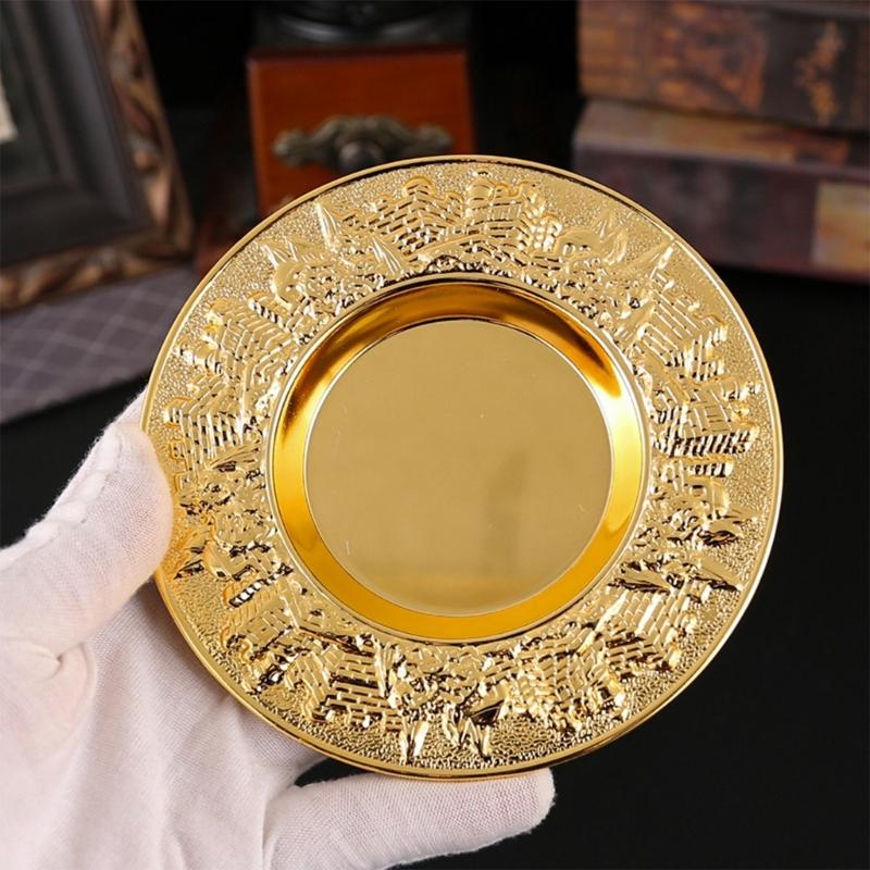 Liquor Serving Cup with Tray, Relief Pattern Metal Goblet for Dining Table Placement, Cabinet Use, and Baijiu Tasting