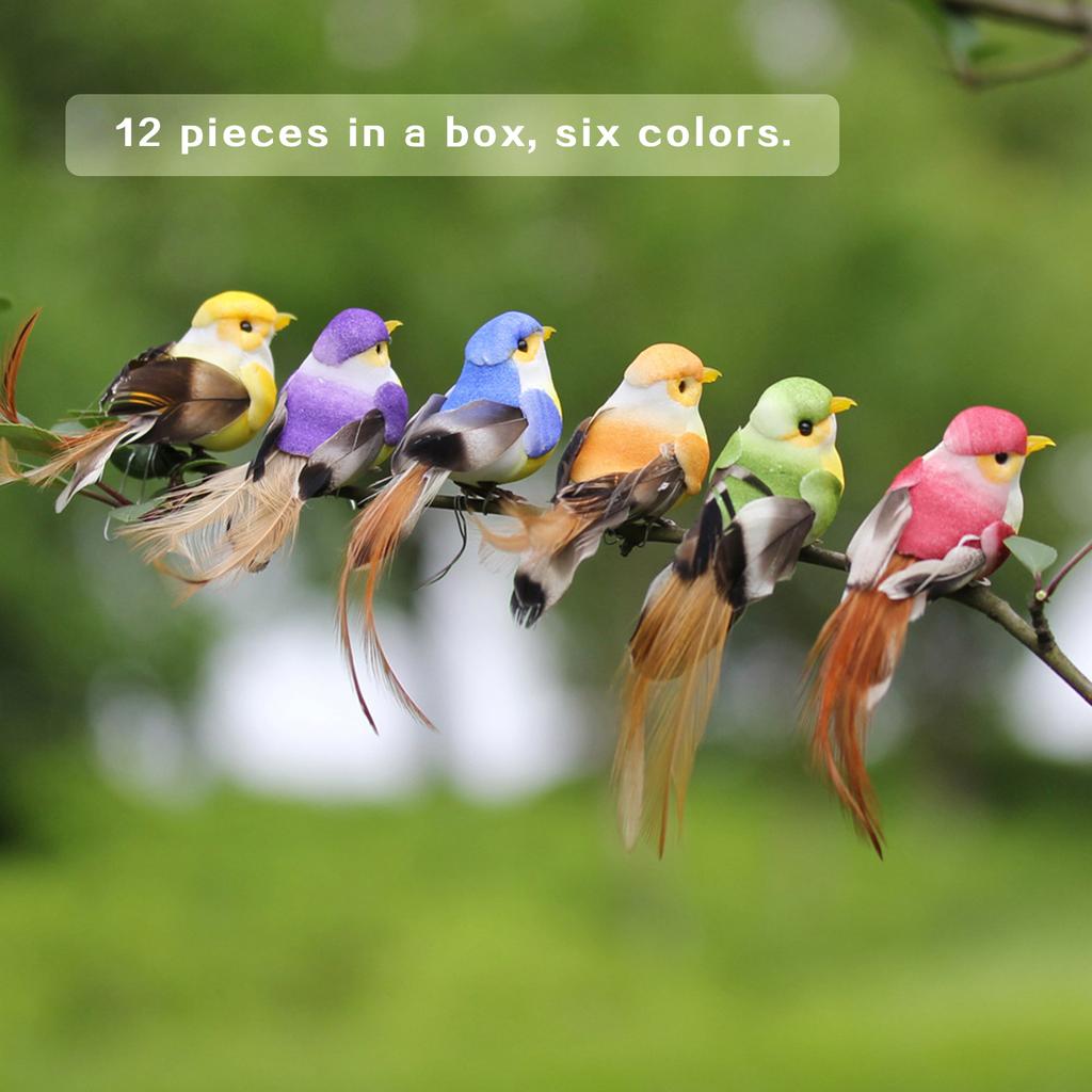12pcs Artificial Foam Bird Ornaments Decorative Feathered Birds for Xmas Tree Festival Decor 6 Colors