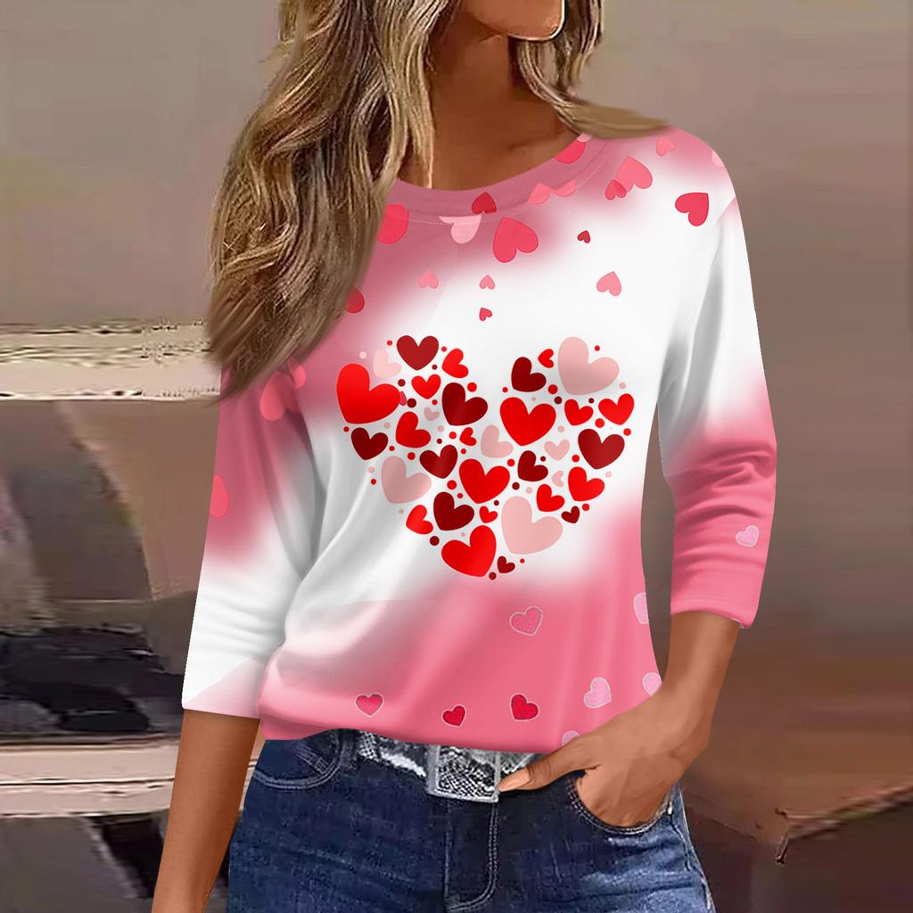 Women's Fashion Casual Round Neck 3/4 Sleeve Loose  Printed T-Shirt Ladies Top