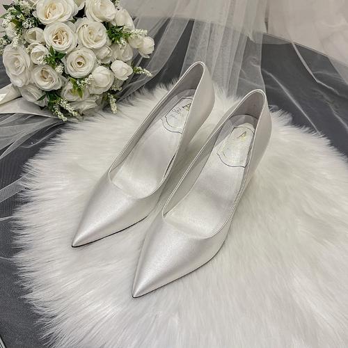 White High Heels Wedding Shoes for Bride Satin Pointed Toe Champagne Bridesmaid Dress Shoes