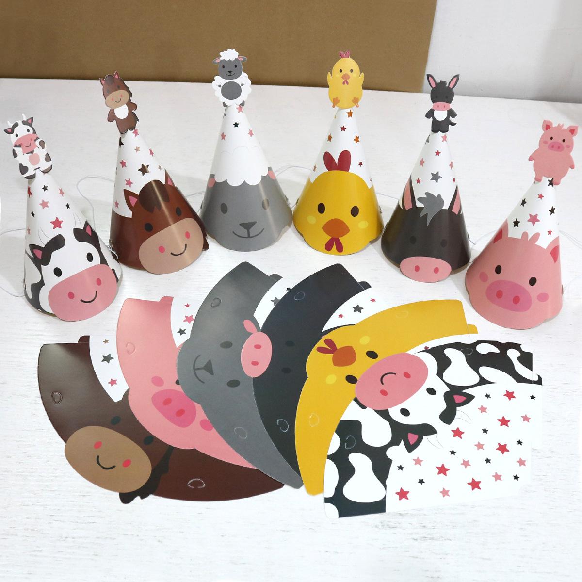 

6-Piece Set, Children S Birthday Party Hat, Farm Animal Cartoon Chick Sheep Birthday Hat Customization One Size