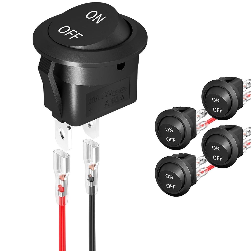 5pcs 12 Volt DC On Off Vehicle Round Rocker Switch AC 6A/250V 10A/125V SPST 2 Pin Small Auto Toggle Electric Switch with Wires