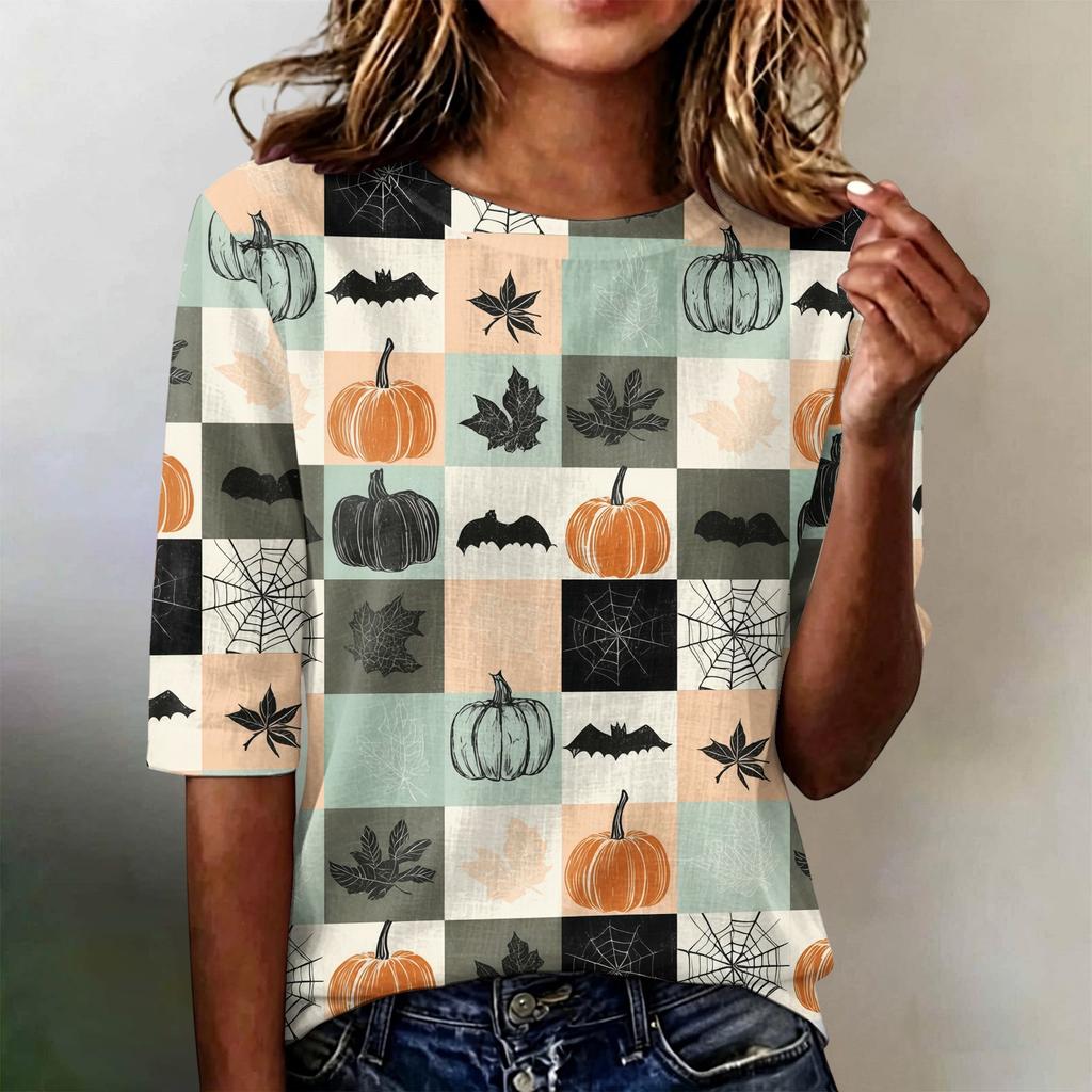 Women's Casual Loose Fit Short Sleeve T-Shirt Round Neck Lightweight Halloween Graphic Top for Everyday Wear