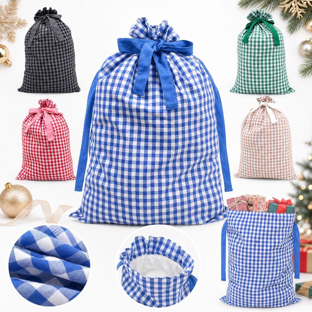 Plaid Pattern Christmas Present Bag Drawstring Closure Drawstring Christmas Sack Merry Christmas
