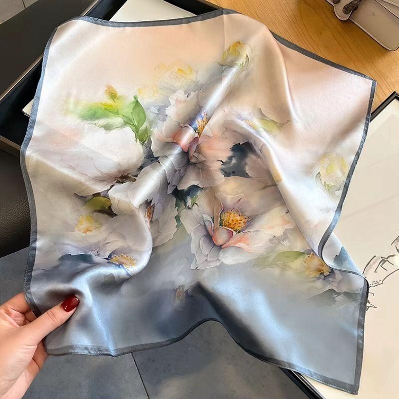 Elegant Silk Scarf For Women Blue Ink Painting Print Fashion Neckerchief Hair Bandana Bag Accessory Ladies Luxury  Scarf 53-53cm