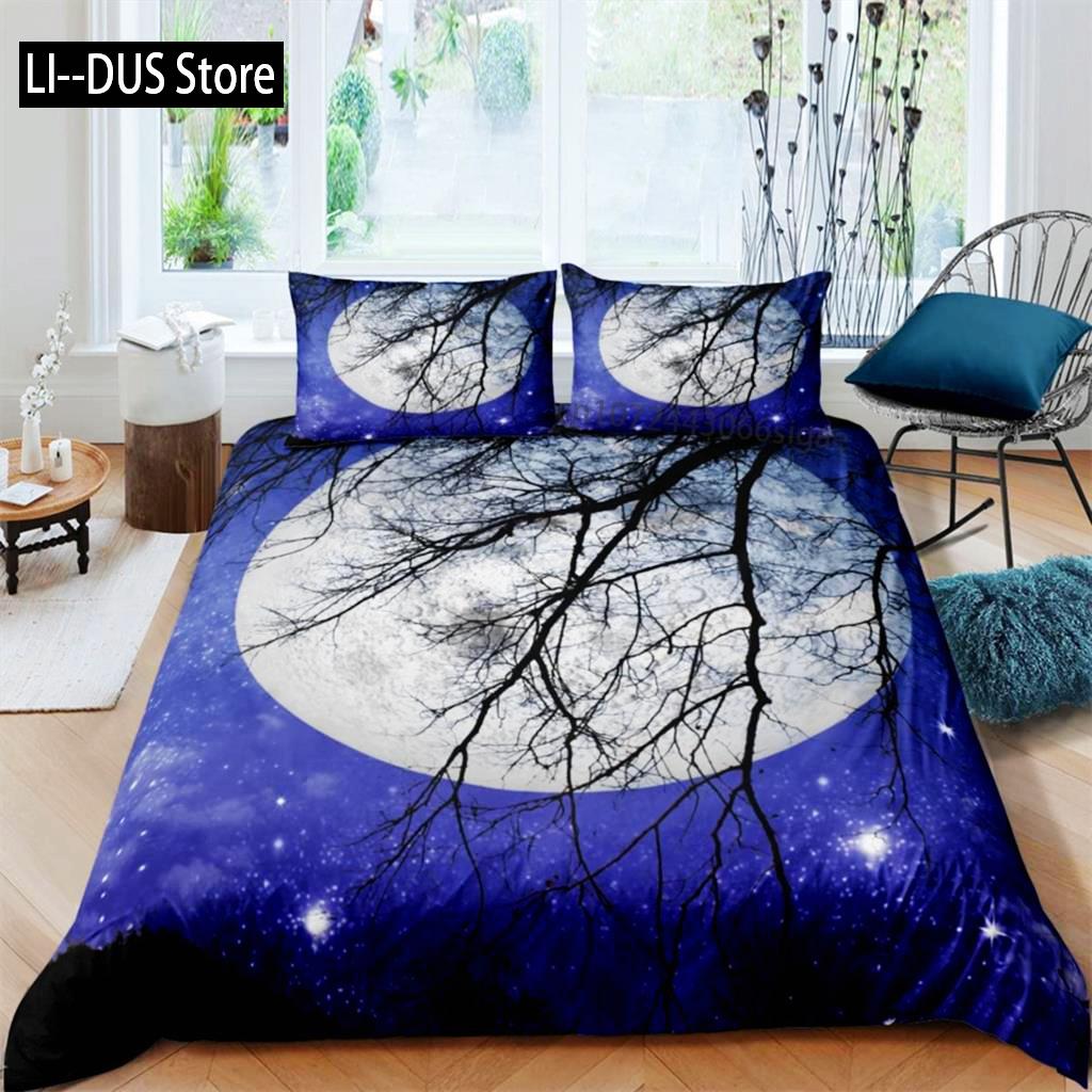 Dark Night Ocean Duvet Cover Seawater Bright Moon Sea Starry Night Sky Galaxy Reflection Comforter Cover Bedding Set Room Decor
