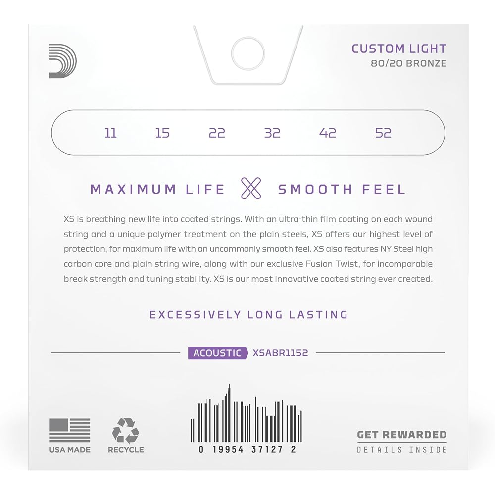 D'Addario Daddario Acoustic Guitar Strings XS Coated Strings 80/20 Bronze Custom Light .011-.052 ...