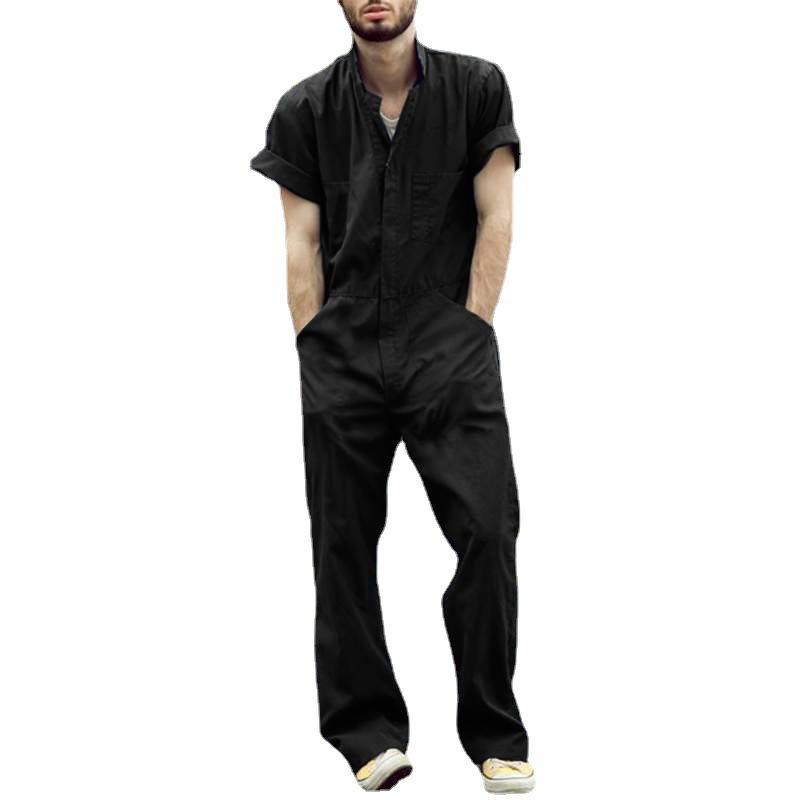Men's Short Sleeve Jumpsuit, Casual One-Piece Workwear with Front Pockets