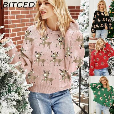 Women's Red Christmas Sweater with Deer Jacquard Pattern Relaxed Fit, Cute Long-Sleeved Pullover Knit