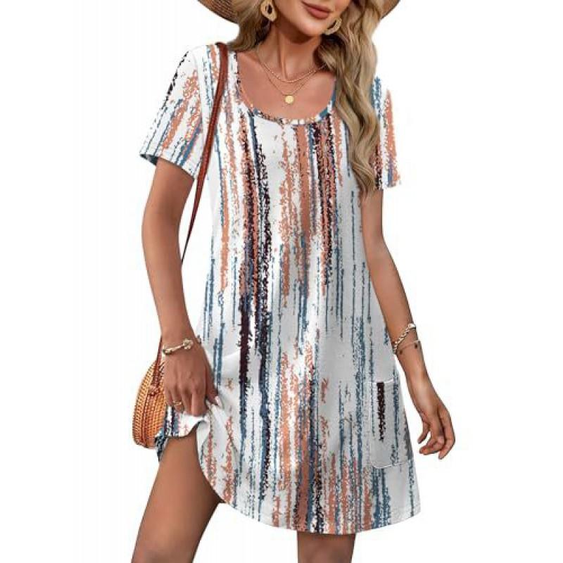 2026 Womens U-Neck Printed Midi Dress Casual Loose Fit Everyday Wear