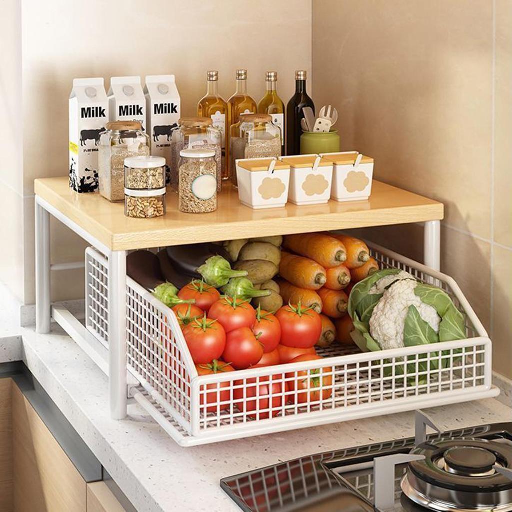 Kitchen Vegetable Storage Rack Vertical 2-Tier Organizer Rack Iron Standing Storage Shelves Drawer Fruit Storage Rack
