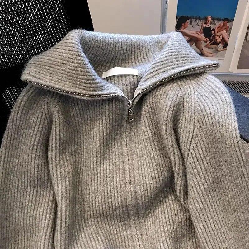 Dunkelgraue Strickjacke mit doppeltem Reißverschluss, kurzes Oberteil, Umlegekragen, Mantel für Damen, schlank, warm, lässig, solide, Pendeln, neue Mode, Frühling und Herbst