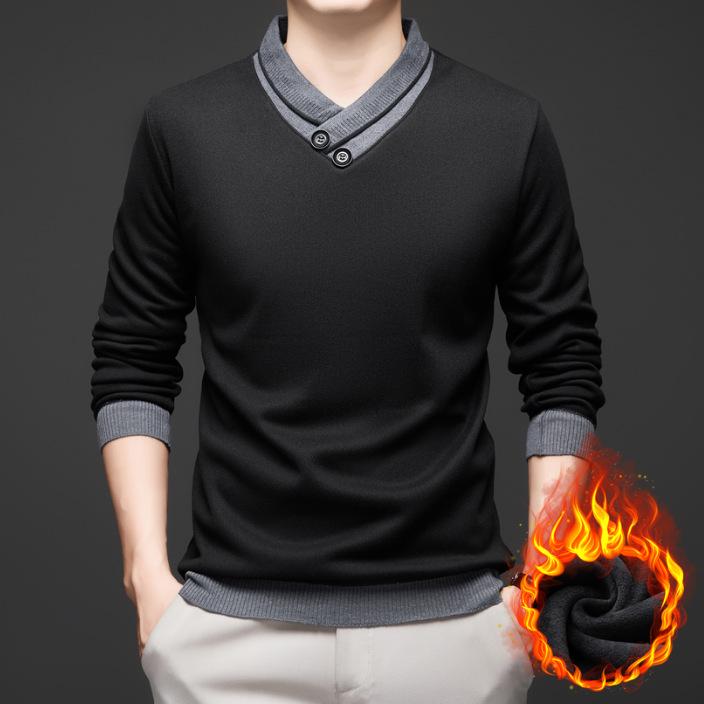 Men's Argyle V-neck Plus Velvet Knitwear - Warm, Soft, and Versatile Base Layer for Autumn and Winter