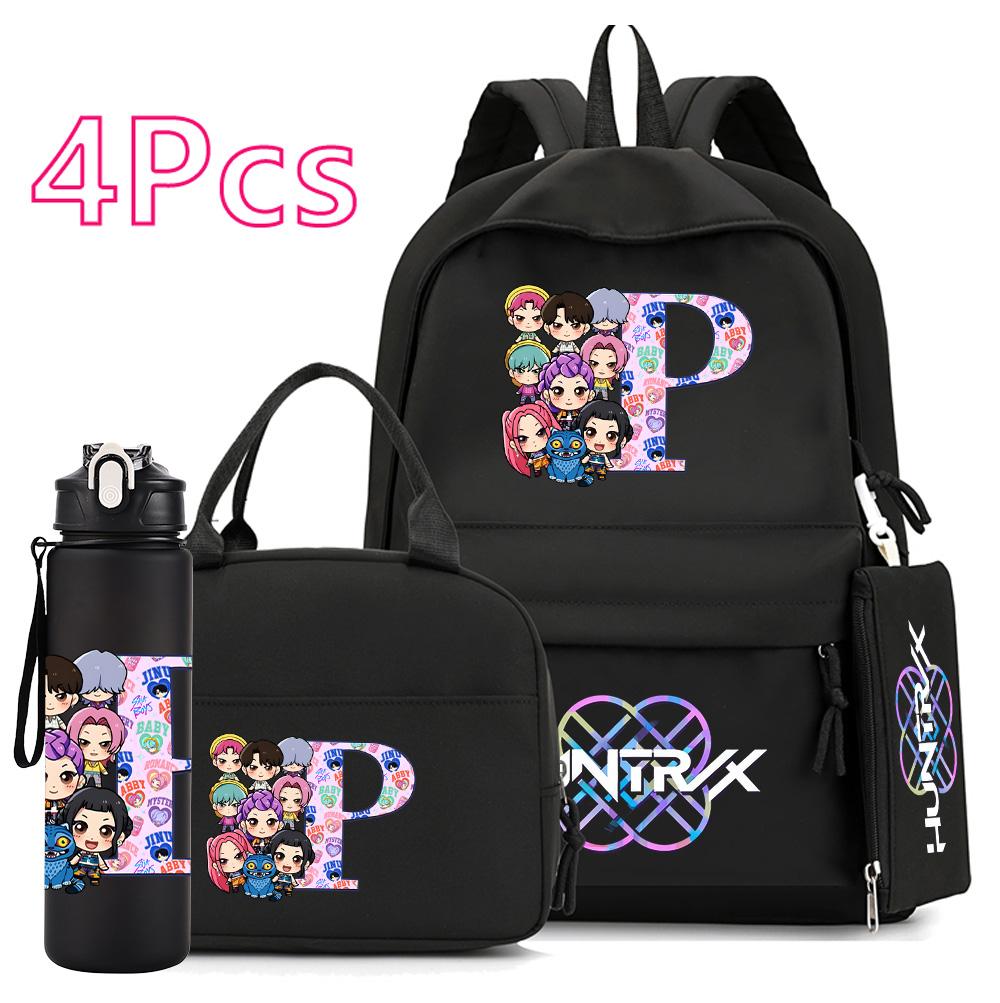 4 Stück/Set K-Pop Bedruckte 750 ml Wasserflasche Rucksack Handtasche Federmäppchen für Teenager Junge Mädchen Schultasche Große Kapazität wasserdicht Bücherrucksack Mochila