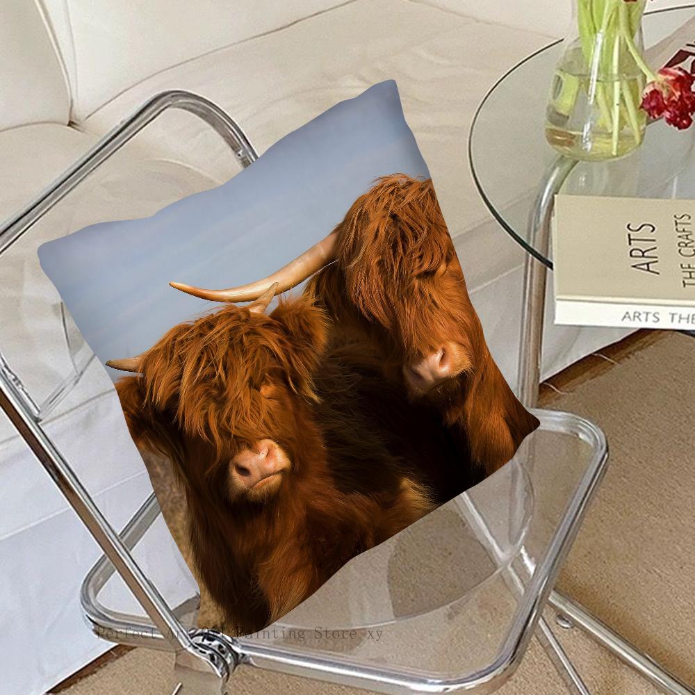 Scottish Highland Cattle Pillow Case Fashion Square Pillowcase Bedroom Sofa Room Ins Decoration Leisure Cushion Cover 40x40