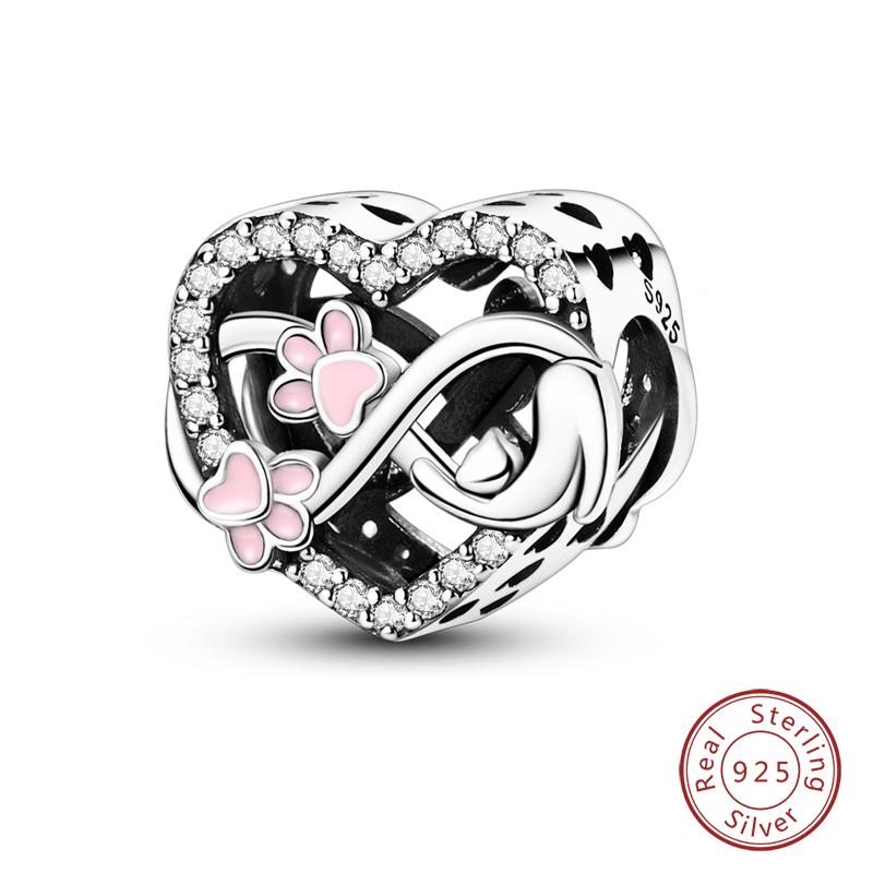 I Love My Pets Charms Beads 925 Silver Heart Shaped Pink Zircon Claws Pendants Fit Bracelets Fine DIY Birthday Jewelry