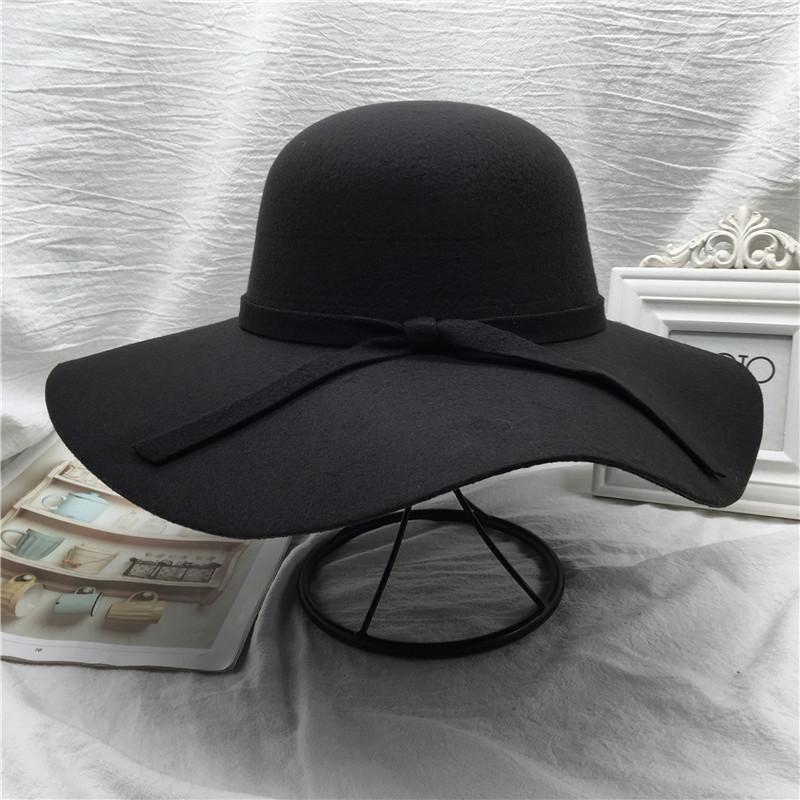 Women's Retro Korean Black Woolen Fisherman Hat with Bow and Large Brim – Perfect for Autumn and Winter.