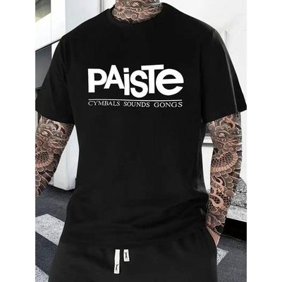 Men'S Music-Themed Cymbals & Gongs Graphic T-Shirt - Bold White Lettering & Drum Print, Loose-Fit Crew Neck Short Sleeve Tee , Casual Wear, All-Season