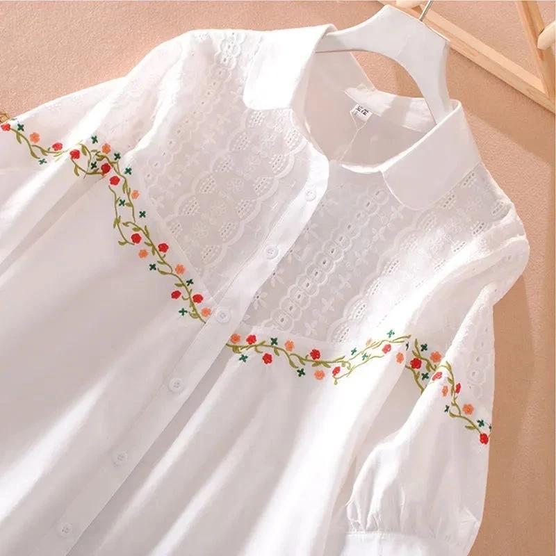 Women's Summer Loose Embroidered Shirt Literary Ethnic Style Middle Sleeve Tops