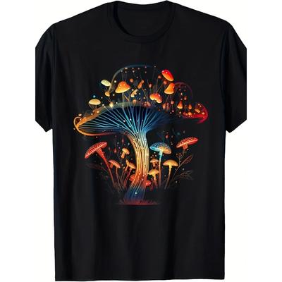 Rozmiary europejskie Męska Koszulka z Graficznym Grzybem w Stylu Cottagecore - Luźny Krój Retro Styl Hippie z Lat 60./70. ze Świecącymi Światłami i Wzorem Magicznego Lasu