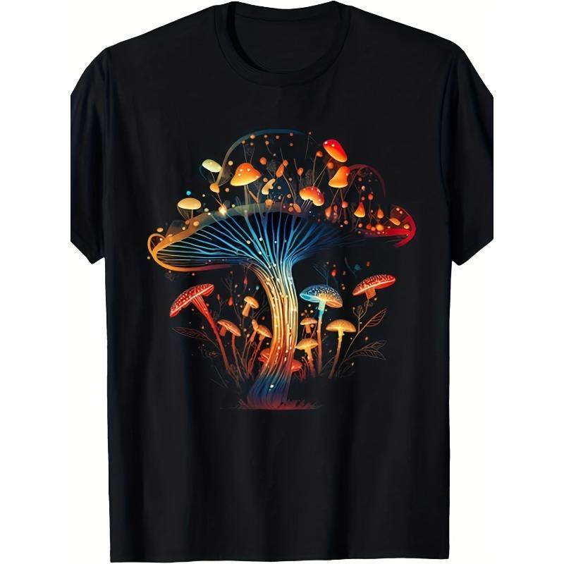 

European sizes Men S Cottagecore Mushroom Graphic T-Shirt - Relaxed Fit Retro 60s/70s Hippie Style with Glowing Lights & Magical Forest Design 4XL чорний