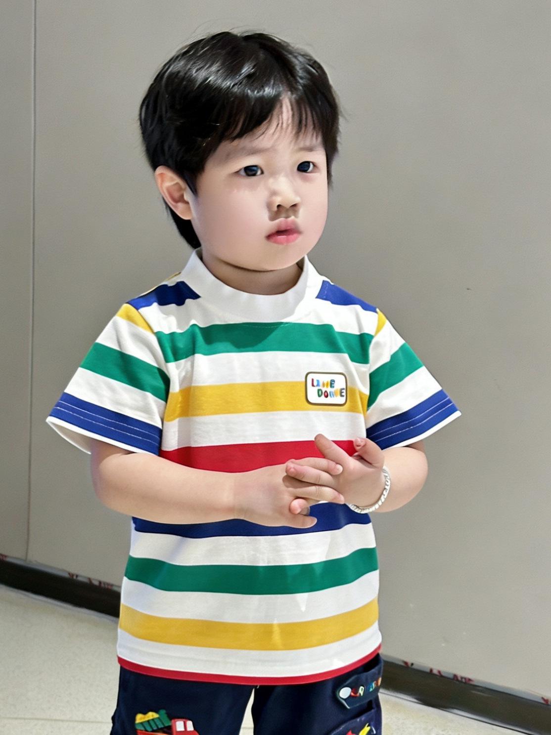Boys  Summer 2026 Cartoon Stripe Patchwork T-Shirt 130 cm