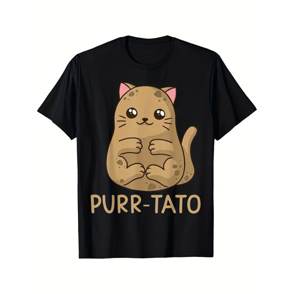 Women's Casual Cat Print T-Shirt "Purr-Tato" Funny Potato Kitten Graphic Tee Short Sleeve Crew Neck Top