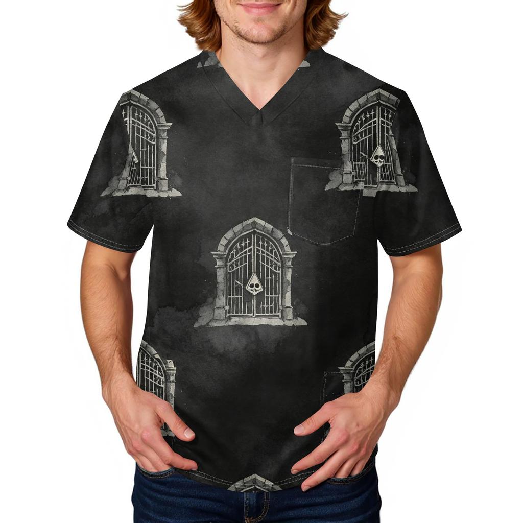 Men's Halloween Print Medical Scrub Top V Neck Tie Pocket Comfortable Fit Workwear for Healthcare Professionals Daily Use