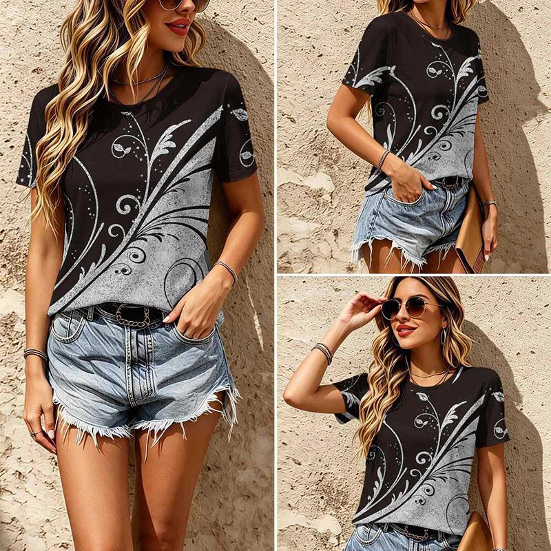 Vintage Ethnic Floral Print Tee Crew Neck Distressed Boho Casual Short Sleeve Pullover T Shirt Top
