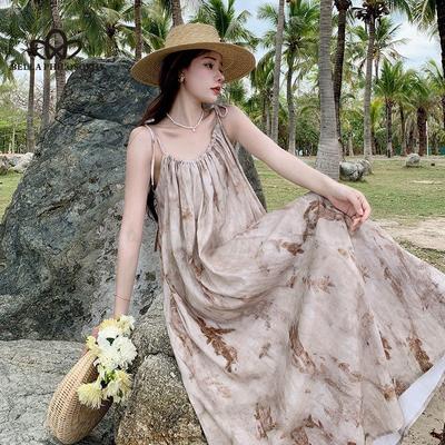 Ink Painting Loose Sleeveless Sling Dress Niche Design High-end Floral Long Dress Summer Casual Long Holiday Dress