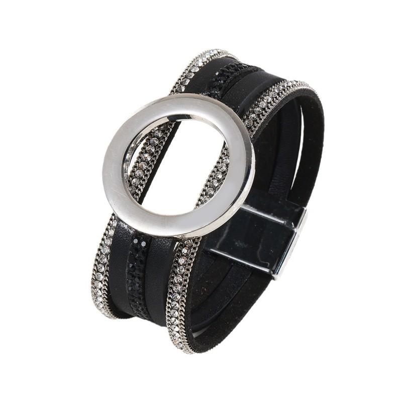 Womens Geometric Alloy Magnetic Clasp PU Leather Bracelet With Large Circle Chain Fashion OL Style