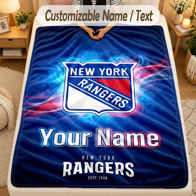 Flannel BlanketNew York Rangers Custom Name Text Personalized Soft Warm Throw Blanket Home Decor Gift