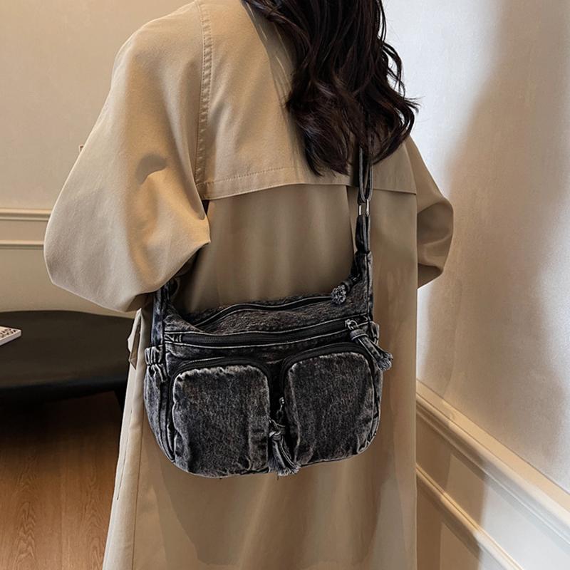 Vintage Denim Shoulder Bag Women's Large Capacity Messenger Bag Multi-pockets Satchel Bags Adjustable Strap Ladies Crossbody Bag