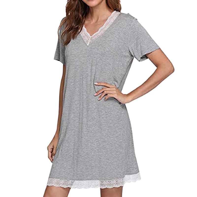 Fashion Ladies Women 'S V Neck Nightshirt Sleepwear Soft Sleepwear Short Sleeve Nightgown Solid Color Dress