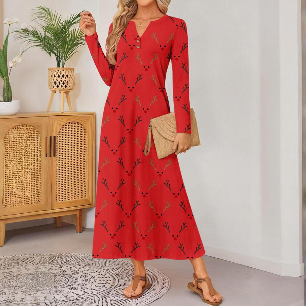 women's cute printed long-sleeved comfortable loose dress, elegant dress