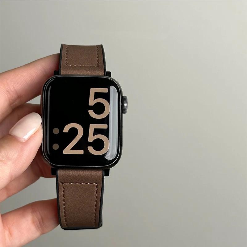 

Suitable for Applewatch Strap with Leather, Crazy Horse Pattern Silicone Magnetic Clasp, Iwatchs10 Strap 42 44 45 46 49mm темно-коричневого