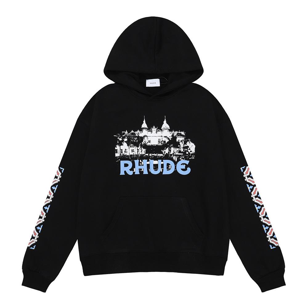 Cross-border niche beauty tide Rhude castle print high-quality pure cotton terry men and women couple hoodie sweater S чёрный