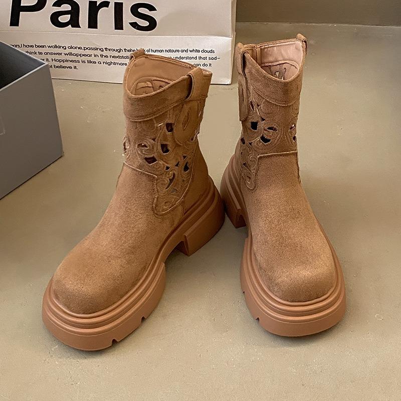 New Retro Hot Girl Western Cowboy Short Boots Hollow Breathable Heightened Martin Boots