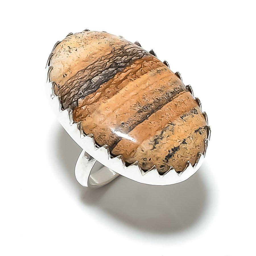 Picture Jasper Gemstone Handmade 925 Sterling Silver Jewelry Ring Size 8.5 Z5N70