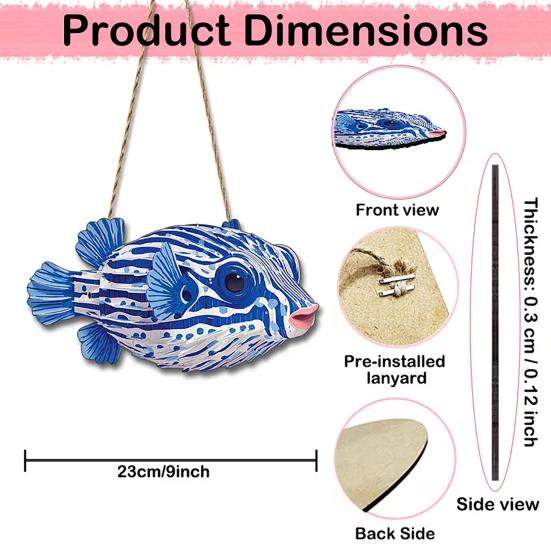 Ocean Theme Striped Puffer Fish Wall Decor Nautical Wooden Hanging Sign with Hemp Rope Decorative Beach Pendant for Beach House