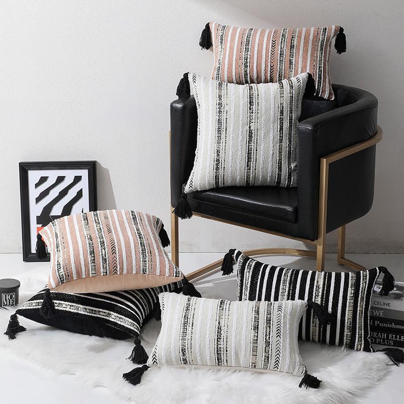 Jacquard Gestreifte Geometrische Quaste Kissenbezug Für Zuhause Sofa Bett Wurfkissenhülle Wohnzimmer Dekorativ