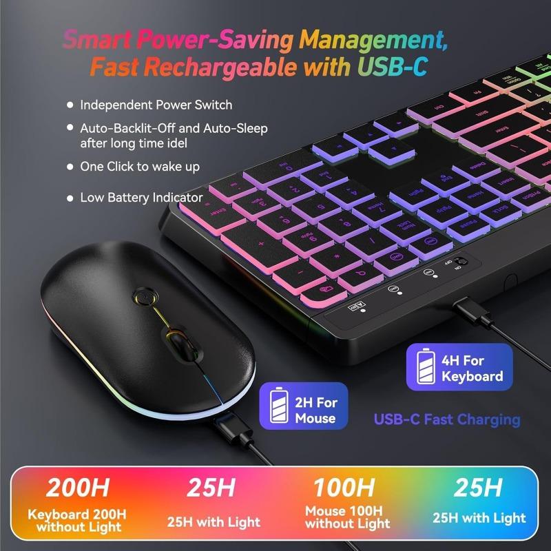 2.4G Wireless Keyboard Mouse Set RGB Backlit Rechargeable Full-Size Rechargeable Ergonomic Business Office Keyboard & Mouse Set